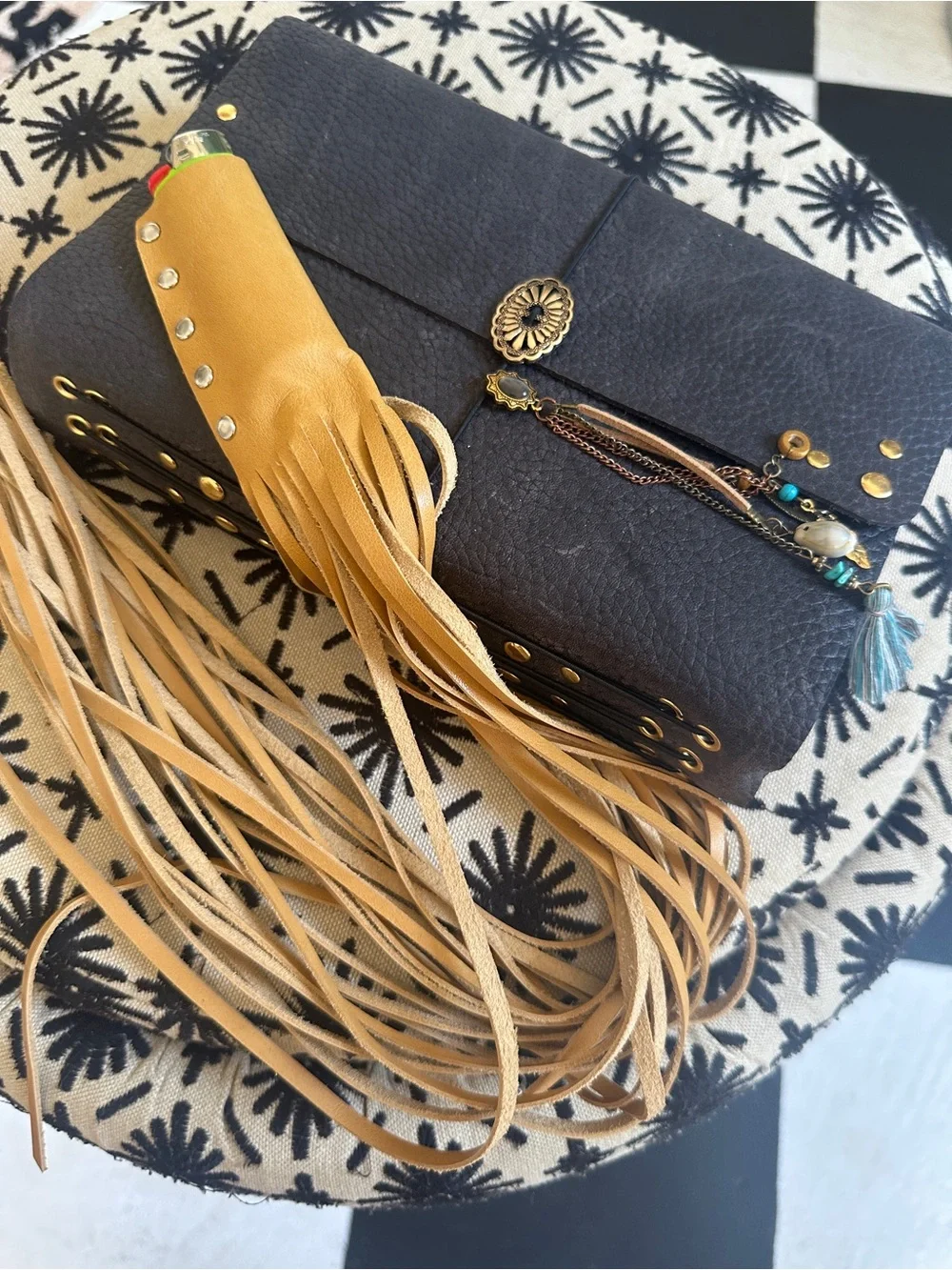 Yellow/Tan Leather Fringe Lighter Holder